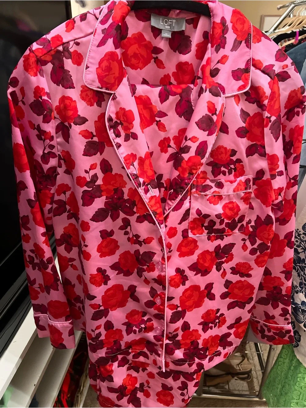 LOFT Sleep Satin Pajama Set Medium Pink Red Rose Floral
